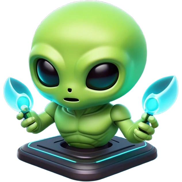 Clash of Clans aesthetic: Cinematic Playful 3D Isometric Alien Emoji, rendered in a 3D vector-style similar to standard emojis with minimal shading and bold, simplified shapes. A compact, distinct form with signature details, softly glowing with a futuristic sci-fi warfare charm. Simplified yet unmistakably iconic, highly detailed and consistent, glowing with a soft radiance and high shine. Stylized with a touch of high-tech brilliance and a soft glowing outline, capturing the essence of a beloved gaming relic with a friendly, playful manner! emoji