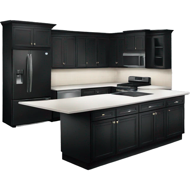 Isolated full length Realistic black kitchen range with cabinets and counters emoji