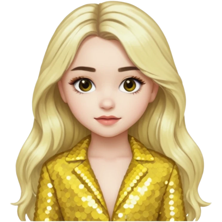Sabrina Carpenter with long platinum blonde hair, yellow sequin outfit emoji