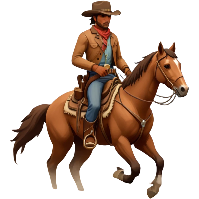 An icon representing an adventure game, inspired by Red Dead Redemption II. The design features a rugged cowboy riding a horse through a vast, open landscape with mountains, deserts, and wild animals. The atmosphere conveys exploration, action, and the thrill of the journey. Transparent background emoji