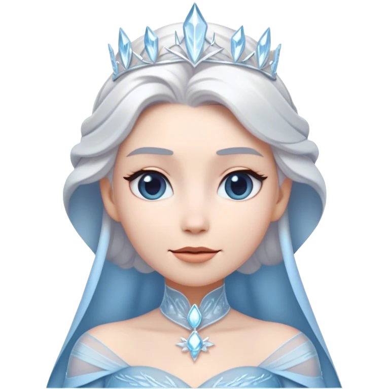 Cinematic Timeless Snow Queen Portrait Emoji, rendered in a clean, vector style. Depict Elsa with icy pale skin, intricately styled platinum hair, and a serene, regal expression, dressed in a minimalist ice-blue gown. The design features bold, simplified shapes, a soft, drowsy crystalline glow, and a subtle glowing outline, capturing the essence of timeless, majestic winter beauty. emoji