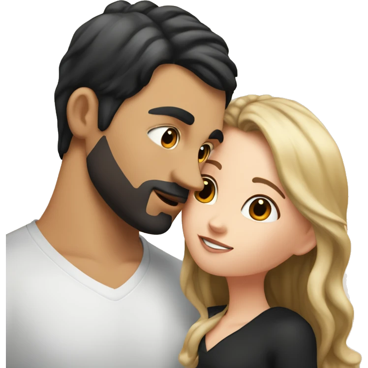 A white girl with a black hair square kisses a tall white guy with brown hair. There are peaches all around emoji