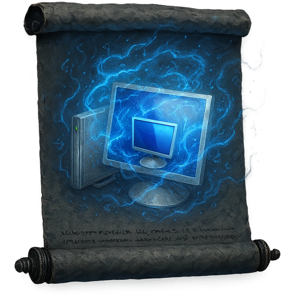 Design a glintstone sorcery scroll featuring the Windows 'My Computer' icon as a magical relic, with swirling blue energy, faint glyphs, and a mystical aura, all integrated into the scroll. The image should have a transparent background and be 1080 x 1080 in resolution. emoji