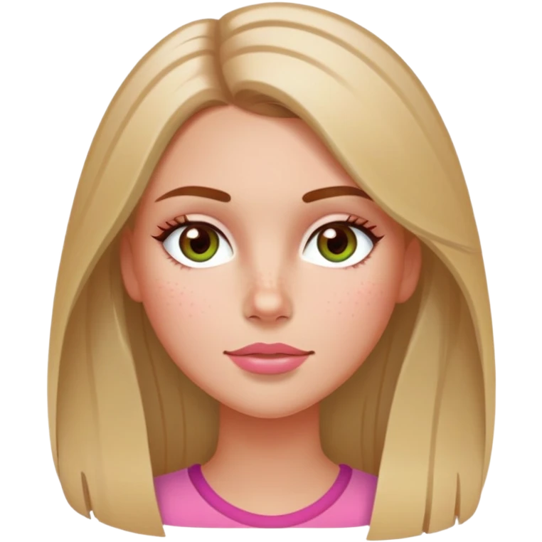 Long hair straight Brunette with blonde highlights in her hair and hazel green eyes  slightly tanned white girl with pink peach lips and rosy red cheeks with a few freckles emoji