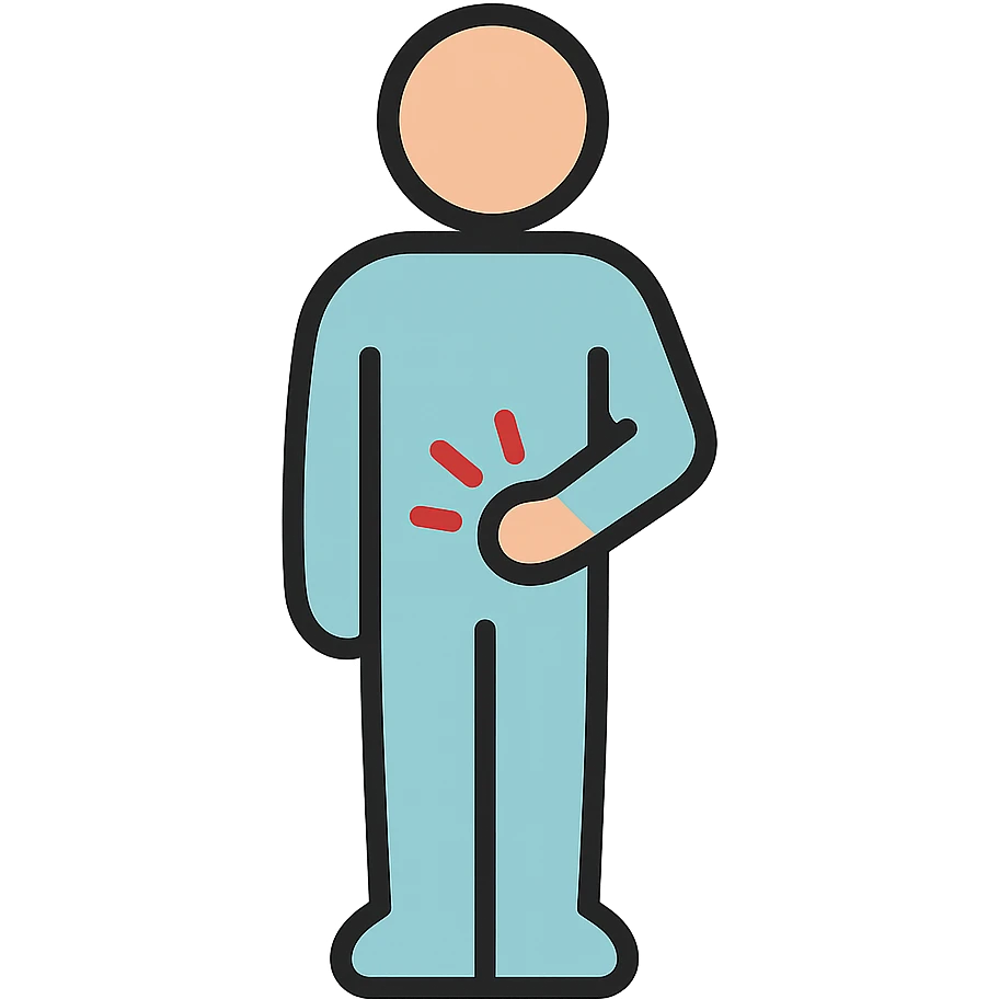 minimal gender-neutral human figure standing upright, one hand gently resting on lower abdomen, soft friendly style, no visible muscles, simple shapes, soft colors, subtle abdominal discomfort, clean vector illustration, no background emoji