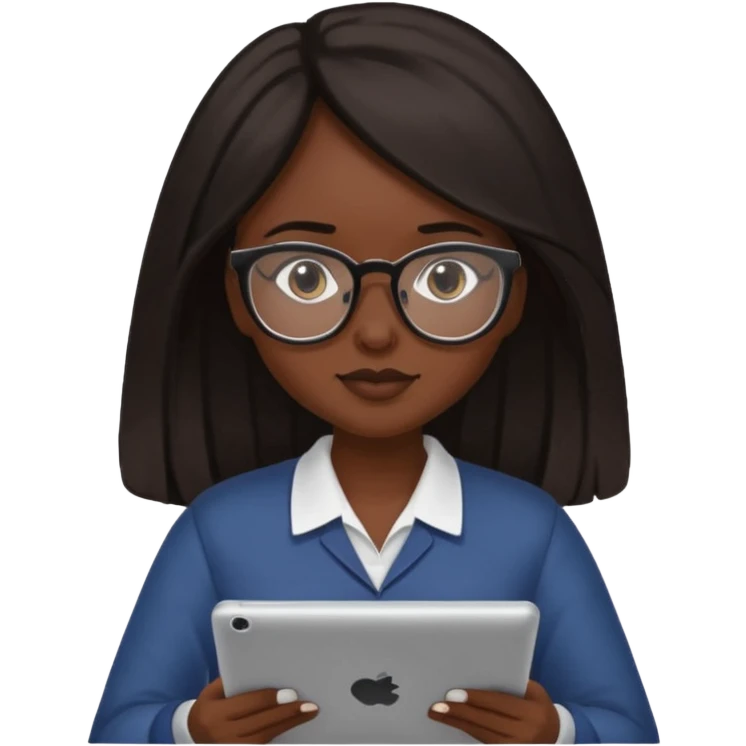 Yo, una chica de piel morena de pelo largo oscuro con lentes para ver, con la tablet trabajando  emoji