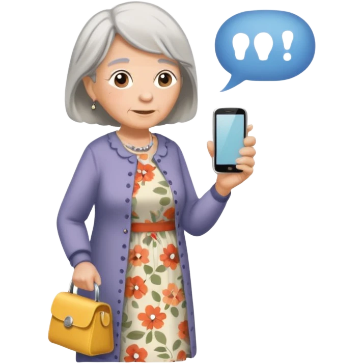 An old lady walking in a park holding a cell phone with a text bubble that says Have you checked in to the meetup? emoji