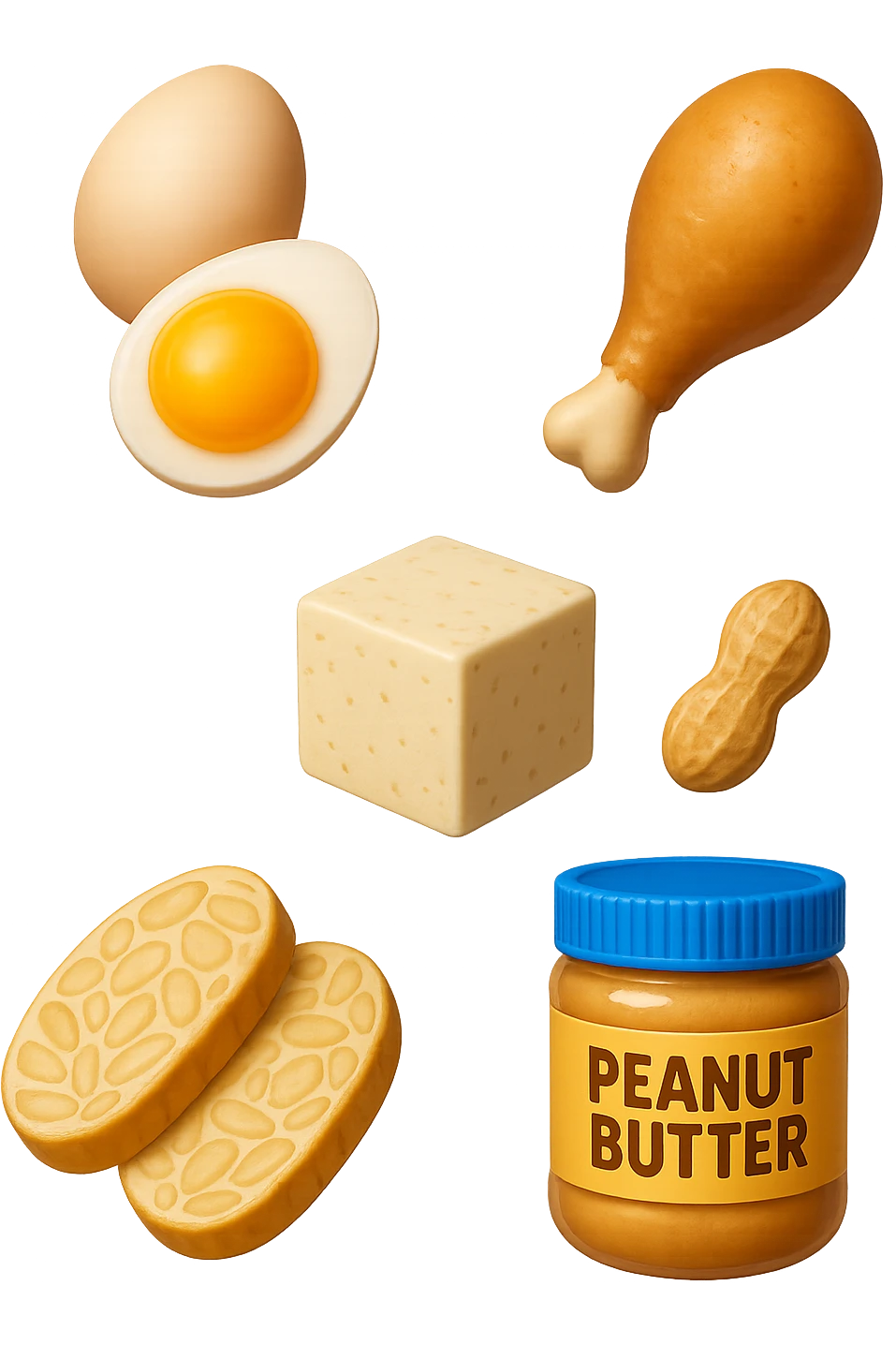 EMOJI STILE IPHONE DI
 uova, pollo, tofu, tempeh, burro di arachidi
, fluttuano in aria REALISTICA 4K emoji