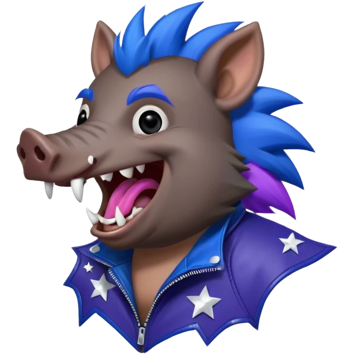Sticker,A wild boar laughing loudly with a dark blue mohawk with purple and blue hues, wearing a black leather jacket, a wild boar with fangs, but not dangerous,  decorated with stars, ((cheerful, laugh)), surrounded by white outline, on transparent background emoji