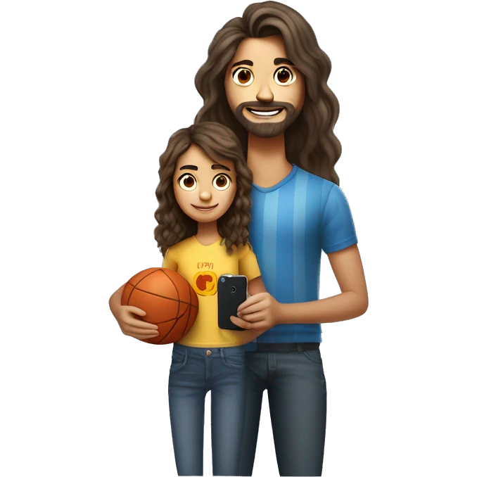 dibujo estilo pixar de un hombre, con barba, el pelo gris, una mujer con el pelo rizado y castaño. Una hija de 17 años el pelo liso castaño con un iPhone en la mano. Un hijo de 10 años con un balón de futbol en la mano. emoji