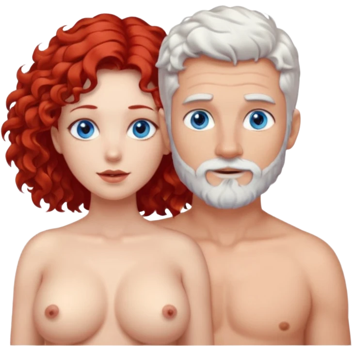 Homme nu cheveux blancs courts, yeux bleu barbe courte + femme nu gros seins rousse cheveux longs bouclés yeux bleu emoji