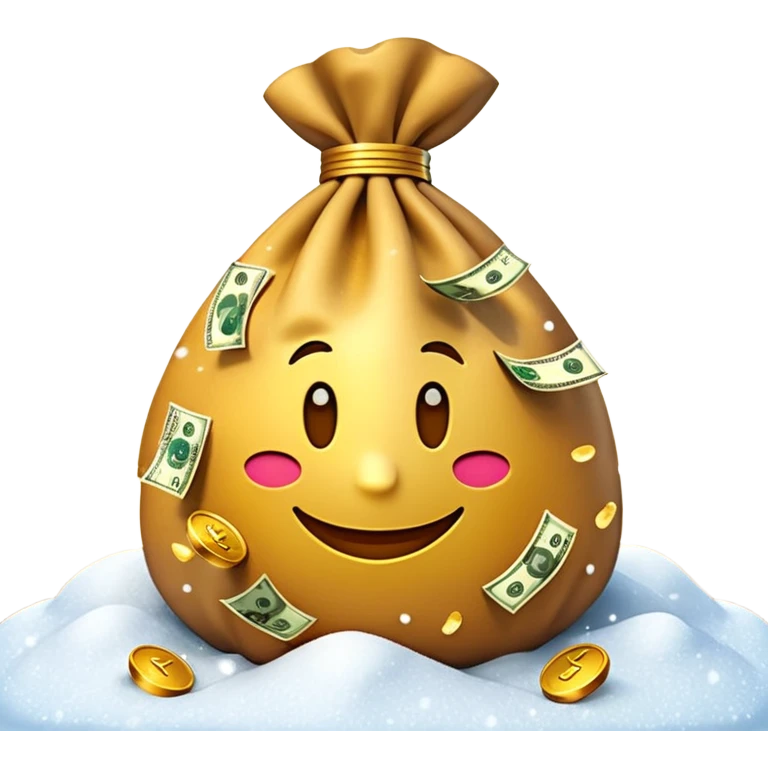 3D emoji style, money bag with dollar bills, New Year theme, snow particles, festive lighting, rich vibe, high detail, transparent background

 emoji