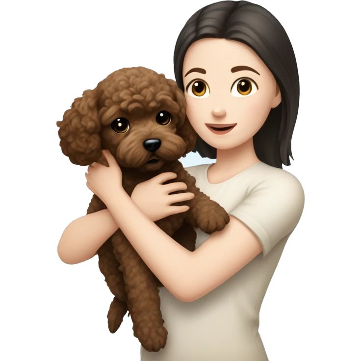 pale white girl with black hair holding brown bichpoo puppy emoji