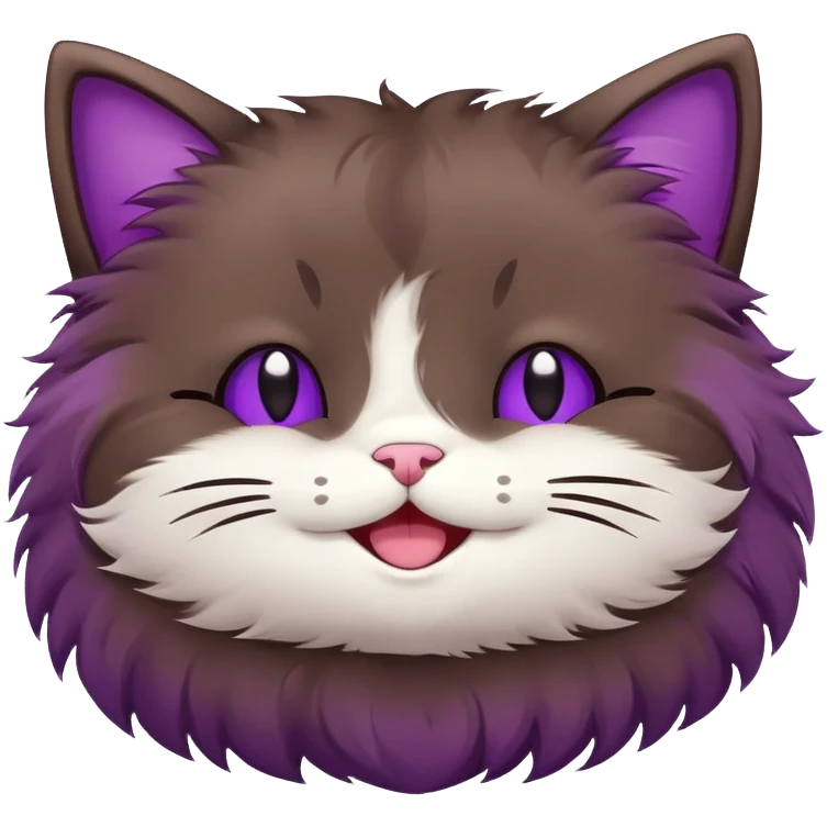 a dark-brown fluffy cute kawaii anime cat smiling with eyes shut closed, saying “yay” with a purple speech bubble emoji