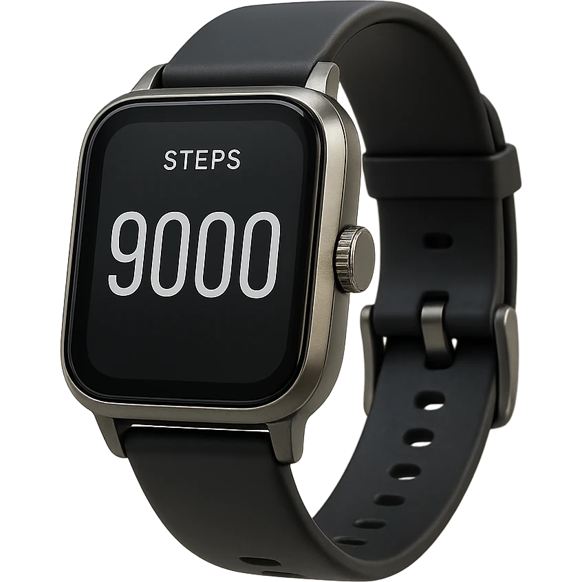 orologio contapassi che segna 9.000 passi sul display, fluttua in aria, iperrealistica 4k, isolato su sfondo bianco emoji