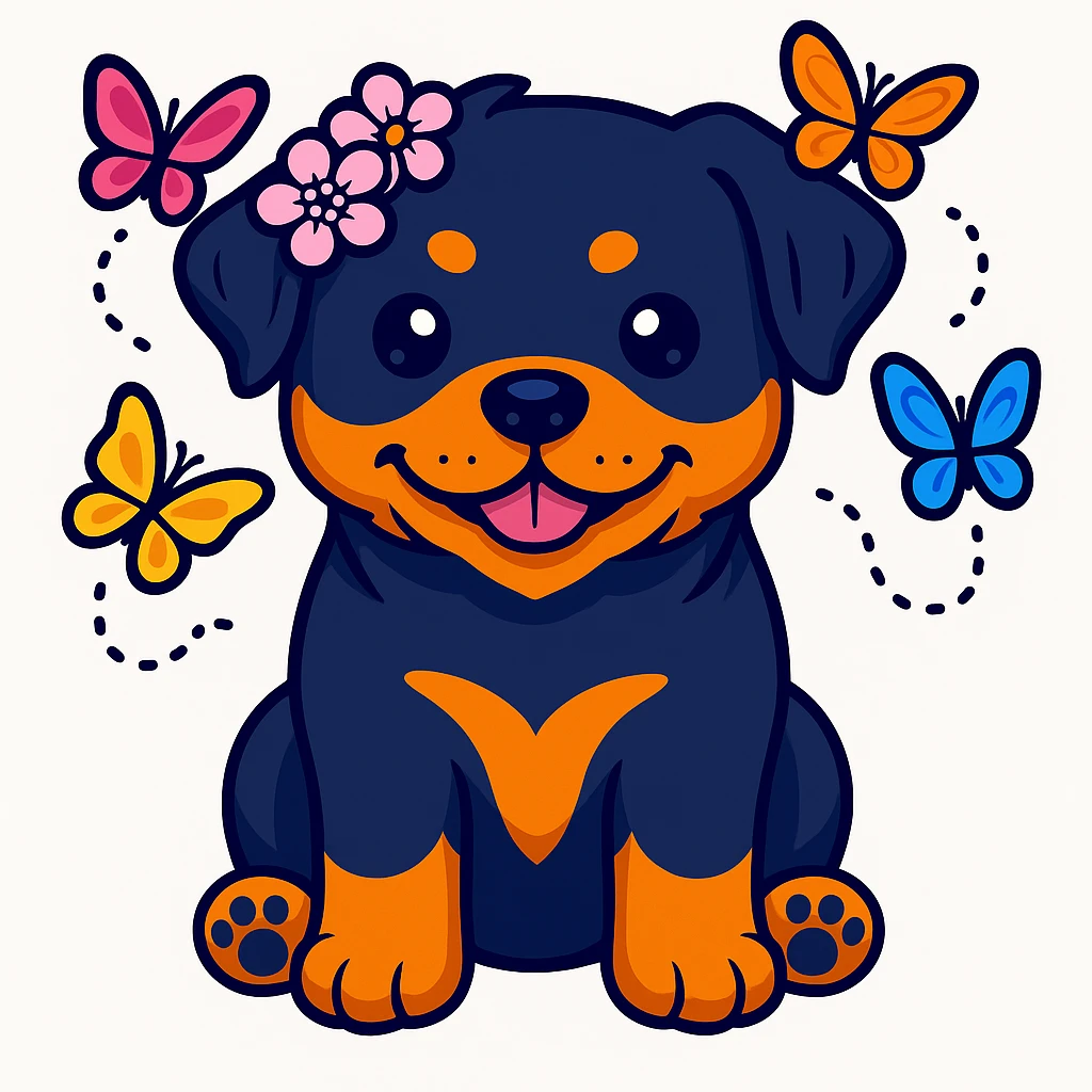 Add butterflies fluttering around the rottweiler with a cherry blossom flower crown, keep the original style and colors sticker style emoji