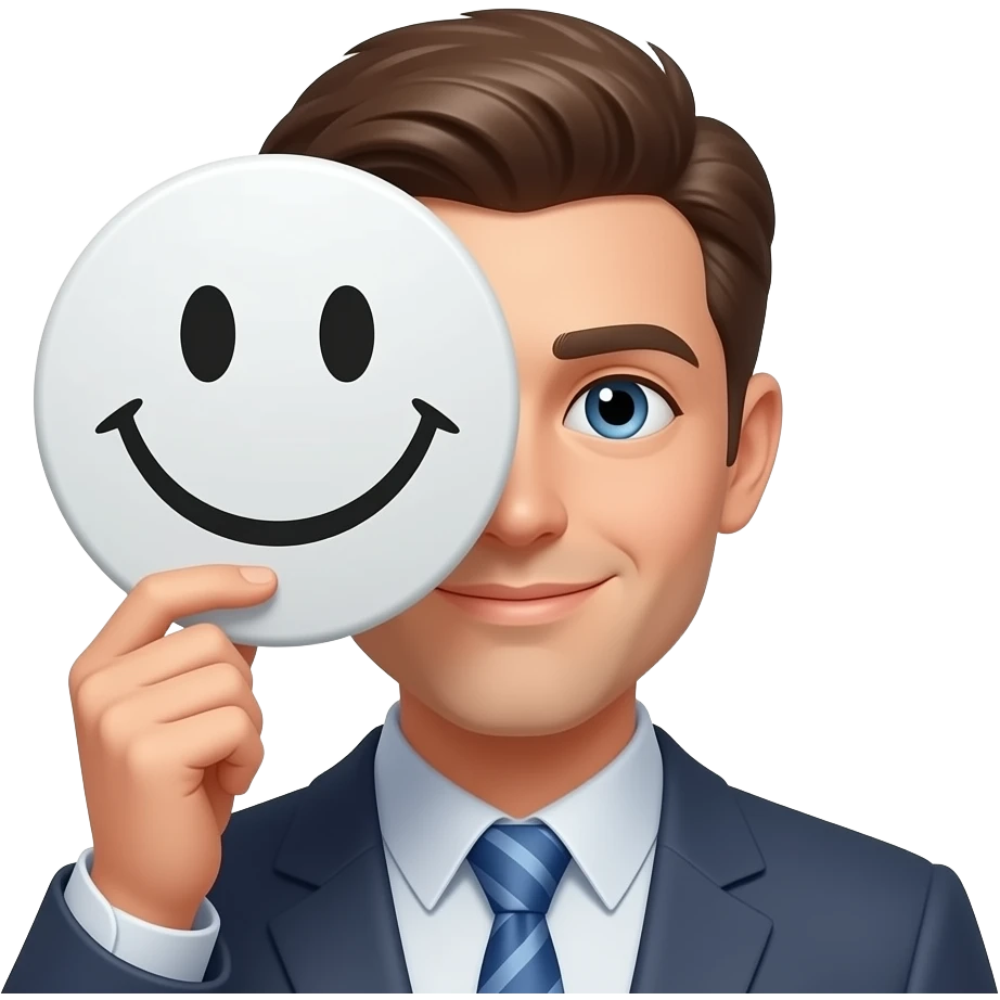 brown-haired man holding a white smiley-face disc over half their face emoji
