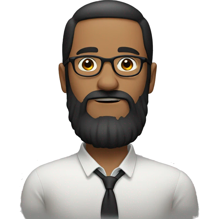 medium to long beard, black hair, very short hair, circle round glasses emoji