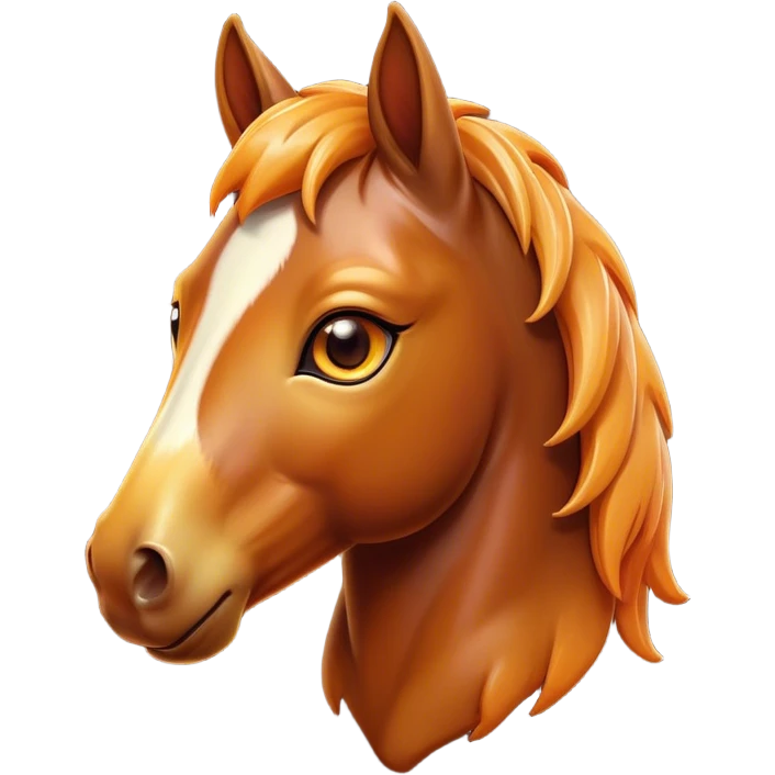 Cinematic Cute Bay Horse Portrait Emoji, Head tilted playfully and inquisitively, showcasing a glossy bay fur with a vibrant sheen and expressive amber eyes filled with curiosity, Simplified yet irresistibly adorable features, highly detailed, glowing with a warm, friendly glow, high shine, affectionate and spirited, stylized with a touch of whimsy, bright and endearing, soft glowing outline, capturing the essence of a mischievous yet loving horse, so playful it feels like it could prance out of the screen and into your arms! emoji