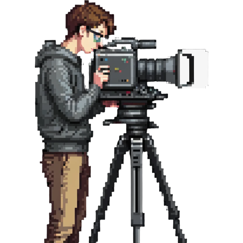 cinéaste de profil ou 3/4 tenant une vraie caméra broadcast professionnelle, œil dans l’œilleton, cadrant devant lui, personnage entier de la tête aux pieds emoji