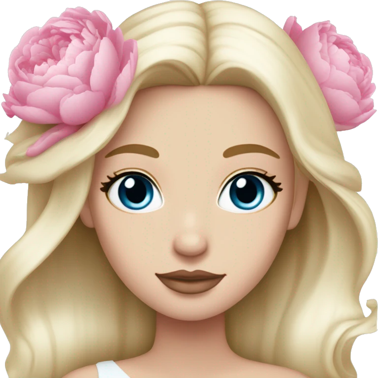 White bride with long light blonde hair and blue eyes with light pink peonies in hair white skin light pink lips emoji