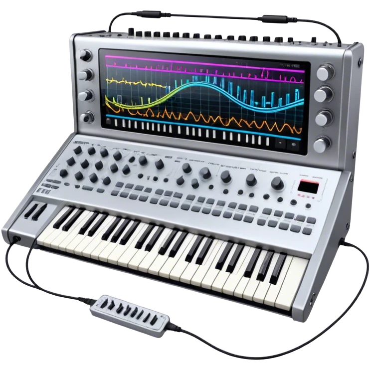 Create a professional and detailed emoji that represents sound design. The design should feature a high-end studio synthesizer, specifically a Korg synthesizer, with a mixing console and control panel, all connected with audio cables. Surround the equipment with flowing sound waves or musical notes to symbolize the creation and manipulation of sound. Use colors like metallic silver, black, and neon accents to emphasize the technical, creative nature of sound design. The background should be transparent. emoji