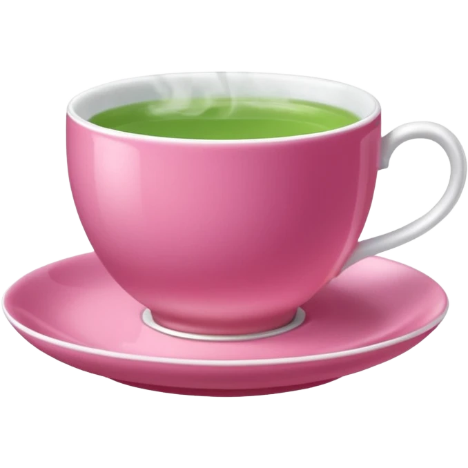 dark pink teacup filled with green tea, placed on a matching pink saucer, with gentle steam rising from the cup.  emoji