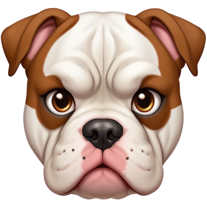 Cinematic Grumpy White and Brown American Bulldog Portrait Emoji, Head tilted slightly with a deeply unimpressed expression, thick white fur with dark brown patches and a furrowed brow, large, droopy eyes narrowed into an unamused glare, jowls slightly sagging in exasperation, Simplified yet comically expressive features, highly detailed, glowing with a dry, sarcastic glow, high shine, effortlessly judgmental yet dignified, stylized with a touch of cynicism, bright but brooding, soft glowing outline, capturing the essence of an eternally unimpressed yet endearing pup, so lifelike it feels like it could sigh heavily at you in disdain at any moment! emoji