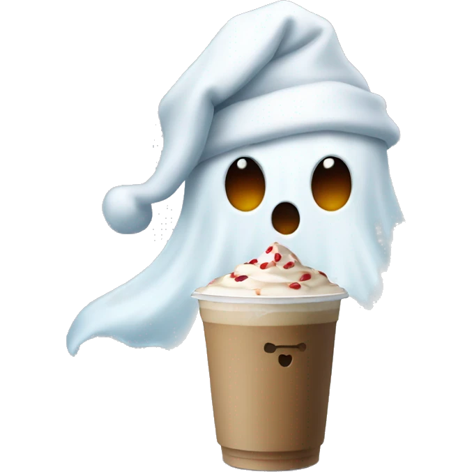 Ghost wearing a Christmas hat drinking an iced coffee emoji
