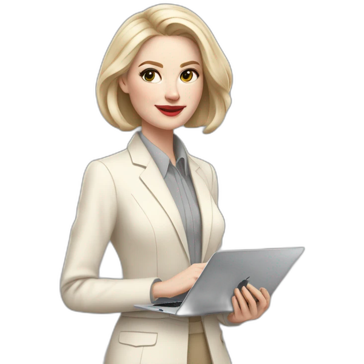 pale skin woman with ash blonde Straightened bob Hair, White Spacious classical jacket, beige palazzo Arrow pants and gray blouse holding a MacBook in the hands emoji