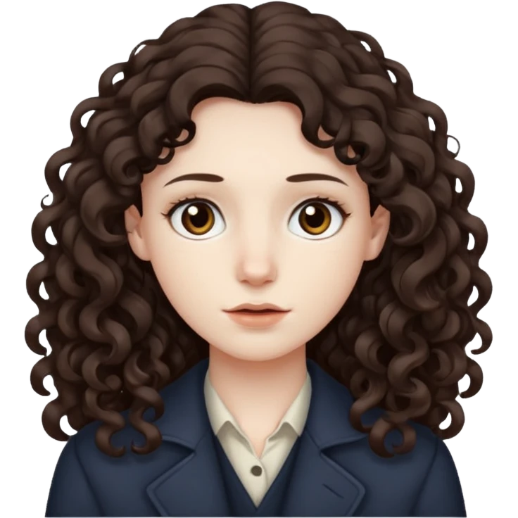 Pale skin, long curly dark brown hair, medium brown eyes. emoji