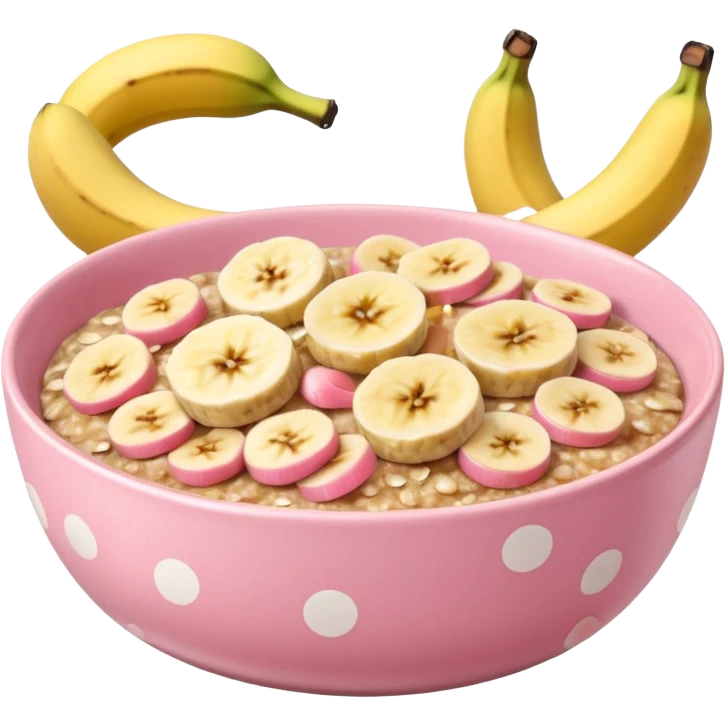 banana baked oats in a bowl like oat meal with a couple banana slices on top that look a little bit caramelised and a light pink bowl with white polka dots emoji