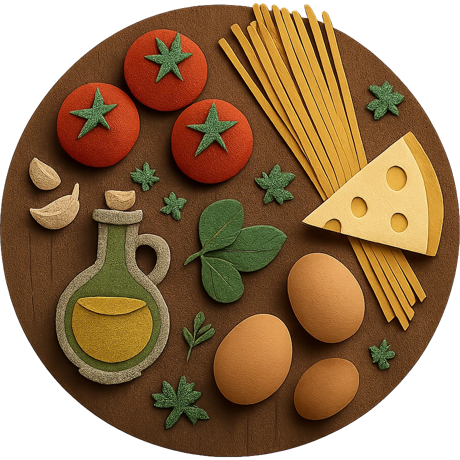 A realistic top-down view of a wooden kitchen table with various common ingredients neatly arranged (like tomatoes, pasta, eggs, cheese, herbs, olive oil). The background should be dark and soft to match a modern app interface. Lighting should highlight the ingredients naturally, with soft shadows. No text, no hands, minimalistic but warm and homely, like a mobile UI background for a cooking app. Should be circle emoji