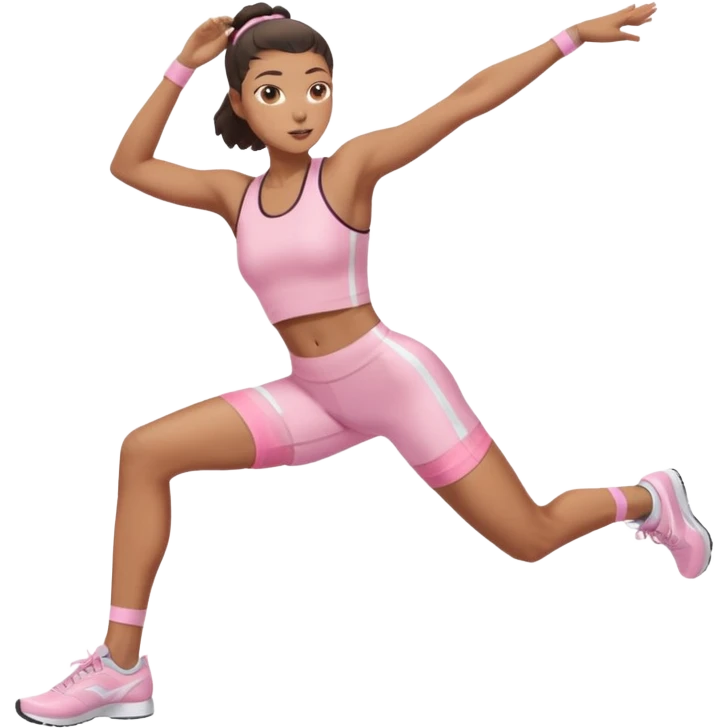 Mixed-race athletic woman with bronzed skin, slim thick, wearing pastel pink cycling shorts, stretching hamstrings emoji