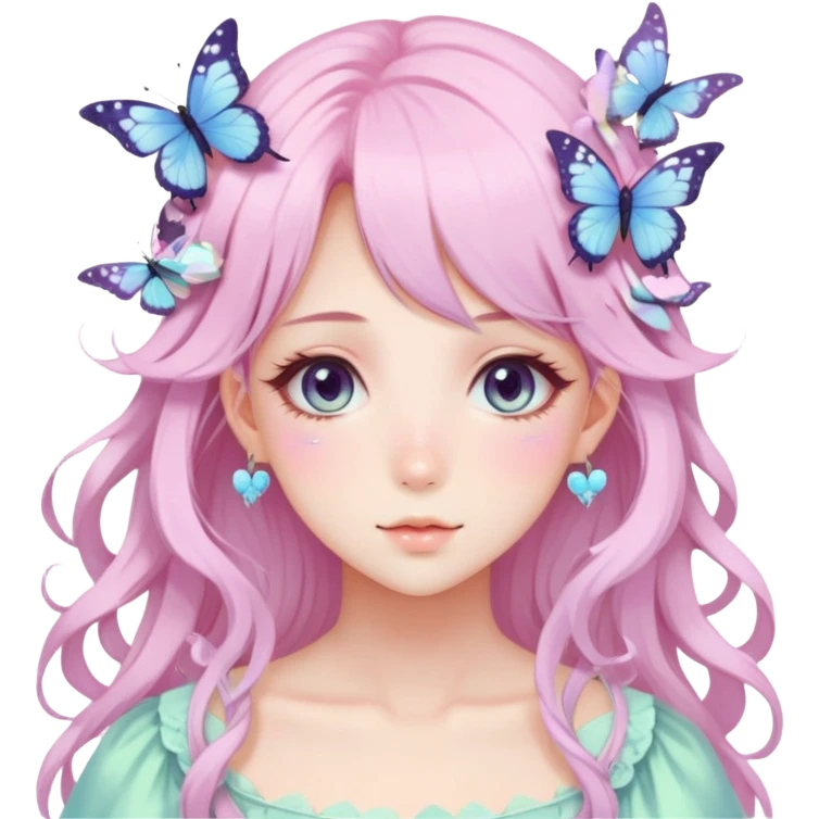 gorgeous anime pastel lady with butterflies and beautiful hair fairycore cottagecore emoji
