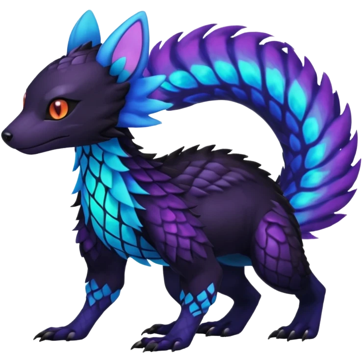 Colorful bioluminescent dark abysmal abyssal neon-glowing Trico-Sergal-Furret-Ferret-Wickerbeast-Vernid-fusion-Fakemon-animal-hybrid-creature, full body emoji