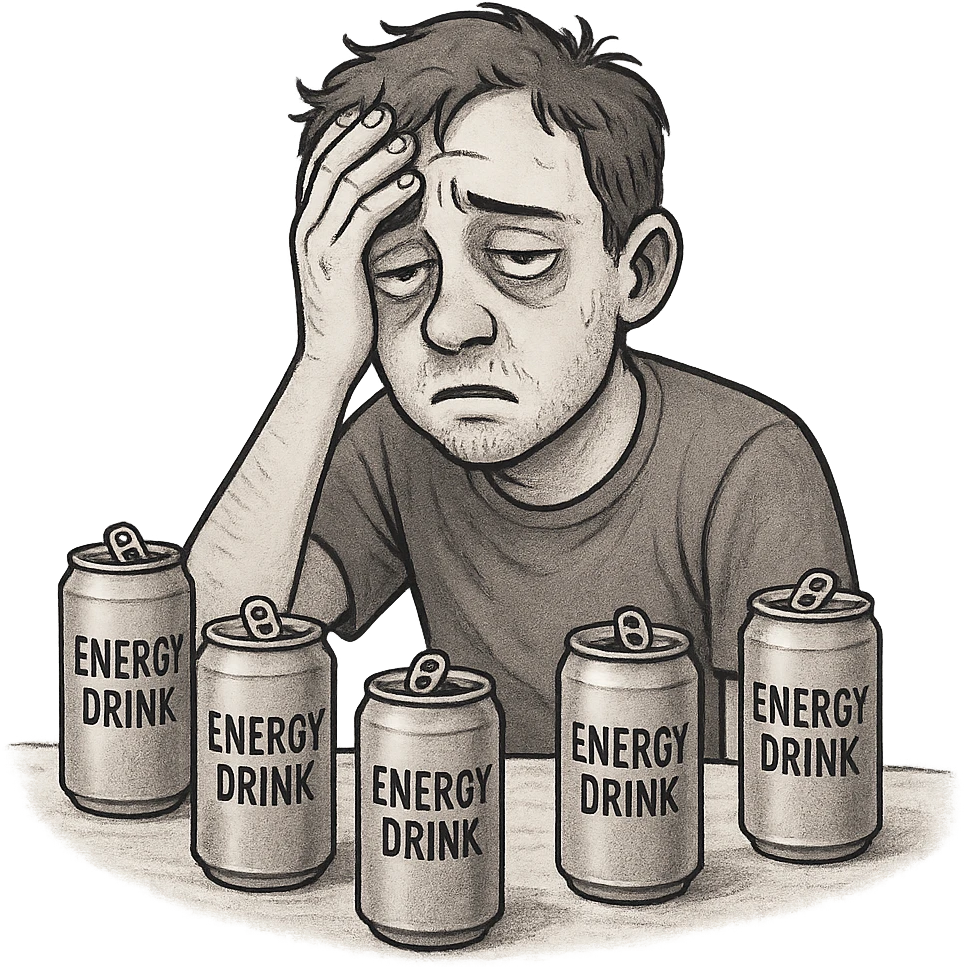 student with headache, hand on forehead, eyes half-closed, surrounded by empty energy drink cans, looking hungover emoji