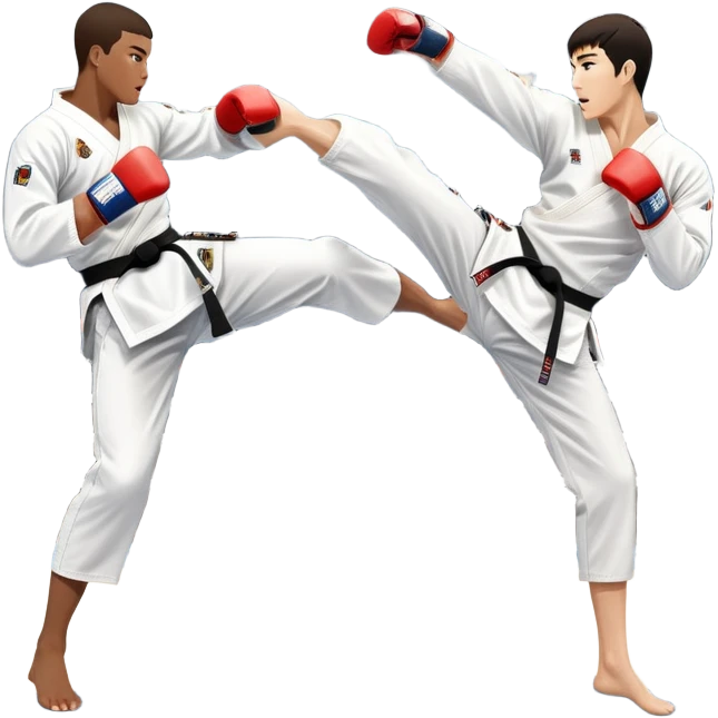 Two taekwondo fighters in traditional white doboks with black belts. One delivers a powerful kick, while the other defends by blocking with his knee. The background shows a professional arena with bright lights and an excited crowd. Transparent background highlights the intense action emoji