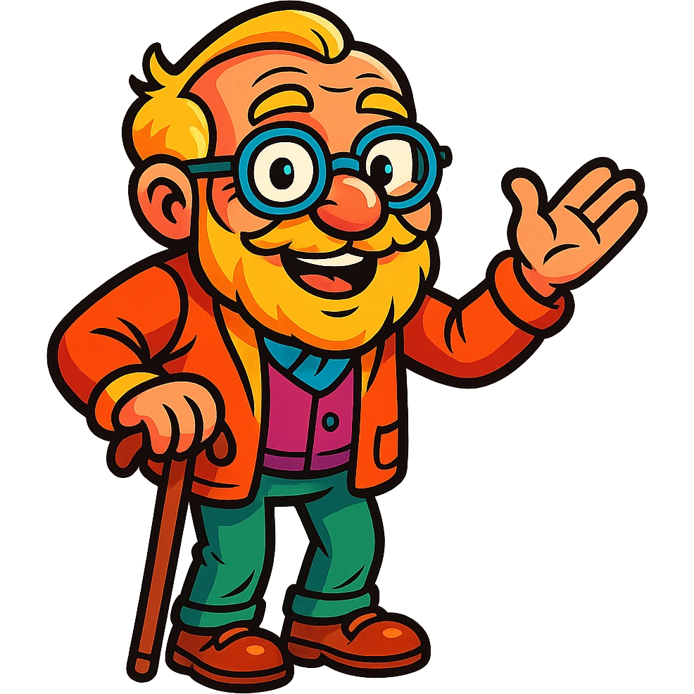 vibrant toon style old grandpa with bold lines and colorful emoji