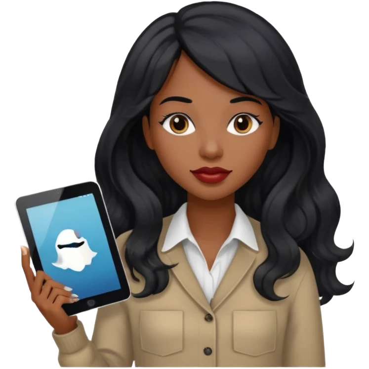 A young woman with long black hair, a wavy frange falling on half of her head.  She's black, medium to dark skinned with thick lips. She's holding something that let's us know she's the CEO of a creative agency, but she's wearing casual clothes. she has long eyelashes. emoji