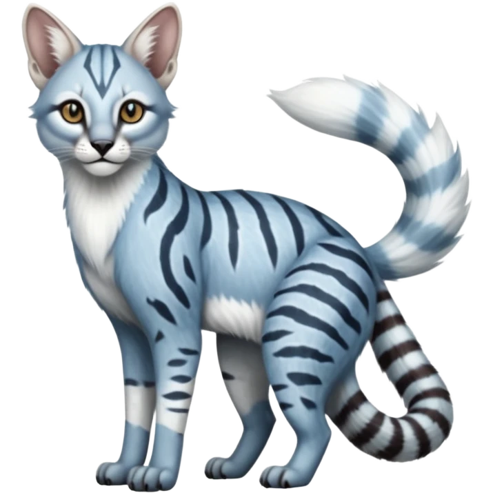 Albino white pastel Realistic patterned marked edgy bluish greyish blackish whitish silvery Shiny Colorful Dusky Dark Glossy Genet-Caracal-Lion-Bobcat-fusion-animal-hybrid-creature, full body, tufted ears, long thin tufted tail emoji