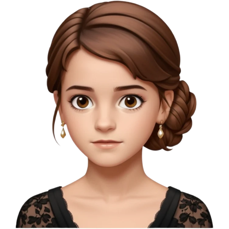 Cinematic Emma Watson Realistic Rococo Portrait, depicted with lifelike skin texture, subtle rosy undertones, and soft natural lighting that enhances the gentle contours of her face. Her intricately detailed brown hair is elegantly styled in an updo, emoji