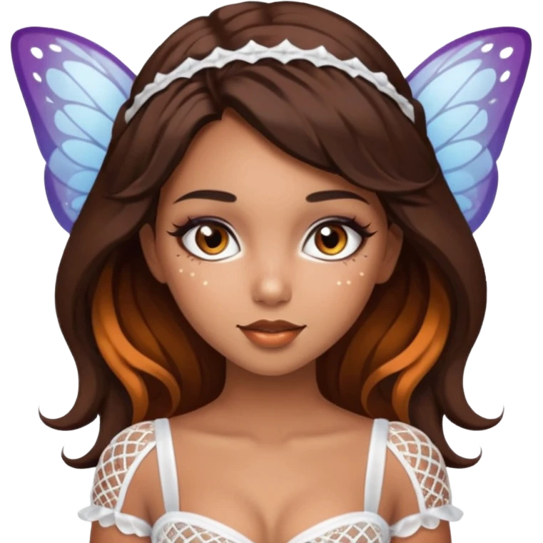 Pretty girl with caramel skin. Dark brown hair and brown eyes. She has freckles. Wearing sexy makeup. Wearing a fairy costume. wearing white fishnet tights on legs and heels on feet emoji