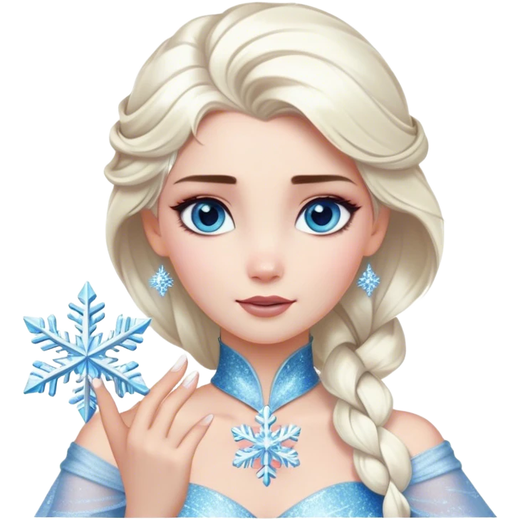 Cinematic Realistic Elsa Portrait, depicted with lifelike skin texture, soft natural lighting, and intricately detailed platinum blonde hair styled elegantly. Her striking, expressive blue eyes exude confidence and grace, complemented by a serene and regal expression. She holds a shimmering snowflake delicately in one hand, her other hand resting against her gown, embodying the power and beauty of winter. She is dressed in her signature icy attire, with shimmering fabric textures and delicate folds that catch the light beautifully. The portrait features a soft, enchanting glow with a cool, radiant finish, capturing the essence of timeless elegance in a realistic and painterly style. emoji