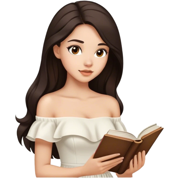 Beautiful woman in 1950’s woman fashion look, off-shoulder white dress, long dark brown hair, reading  emoji