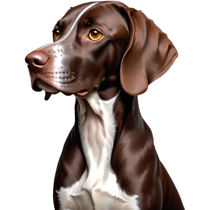 Cinematic Noble German Pointer Portrait Emoji, Poised and regal, with a lean, athletic build and a sleek, short coat in liver and white, deep-set soulful brown eyes, Simplified yet sharp and sophisticated features, highly detailed, glowing with a soft, dignified glow, high shine, intelligent and driven, stylized with an air of determination, focused and attentive, soft glowing outline, capturing the essence of a watchful and commanding hunter, so majestic it feels as though it could sprint out of the screen with effortless authority! emoji