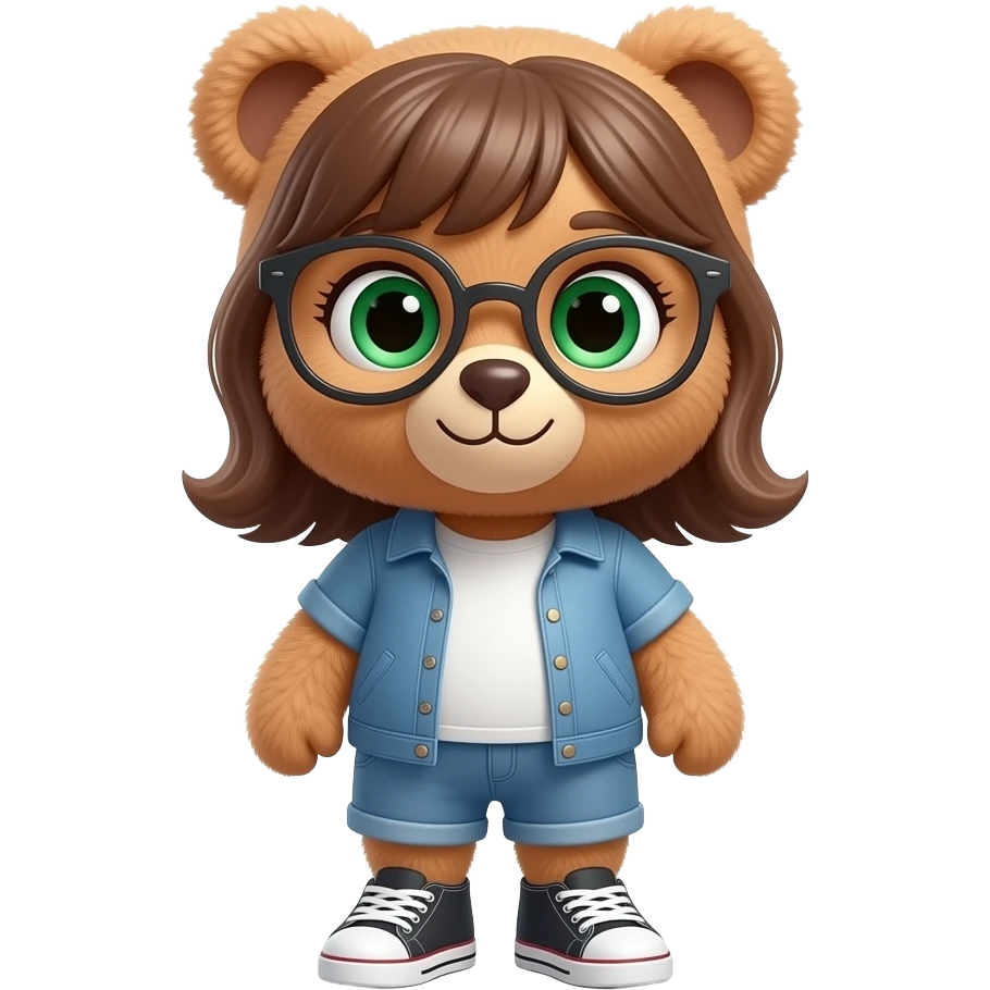 big fluffy light brown girl teddy bear wearing sneakers and glasses with big beautiful green eyes emoji