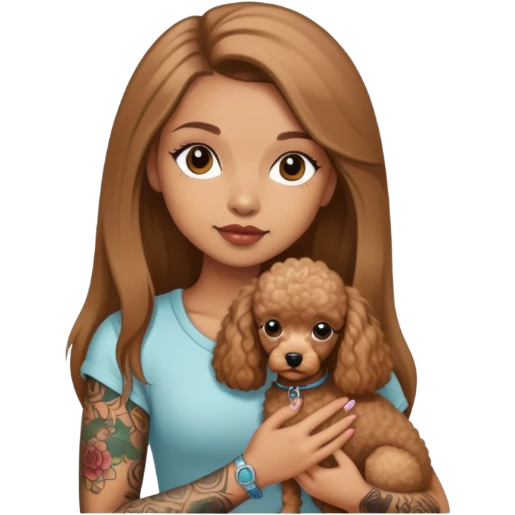 a  girl with Light brown  Straight long hair and tattoos and a miniature poodles emoji