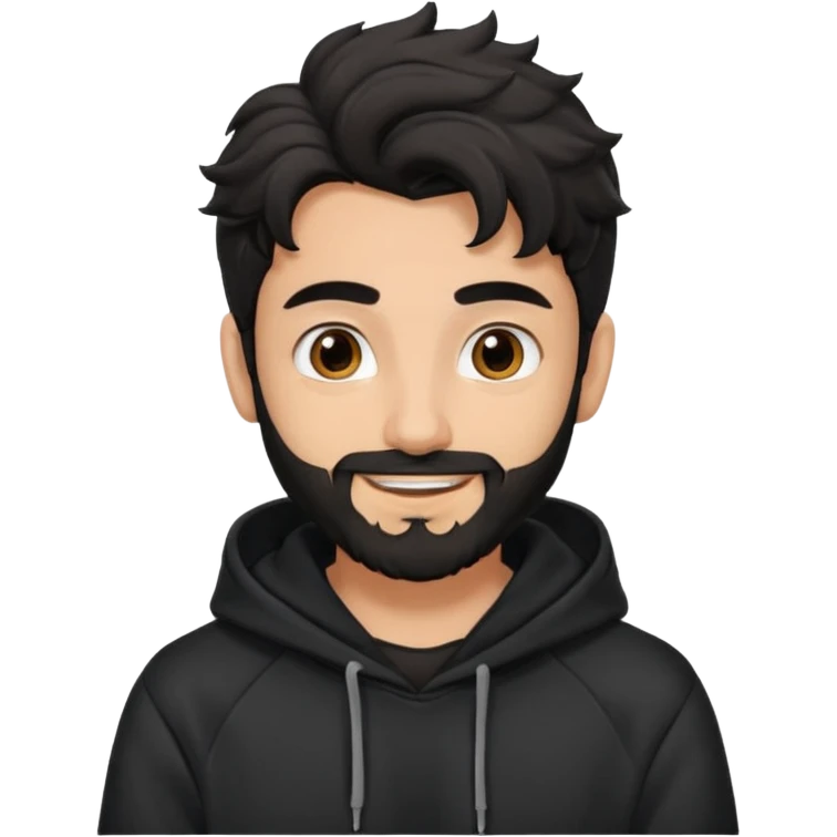 young fair skin pakistani guy smiling with black beard, wavy hair pushed back and brown eyes and big eyebrows, wearing black hoodie emoji