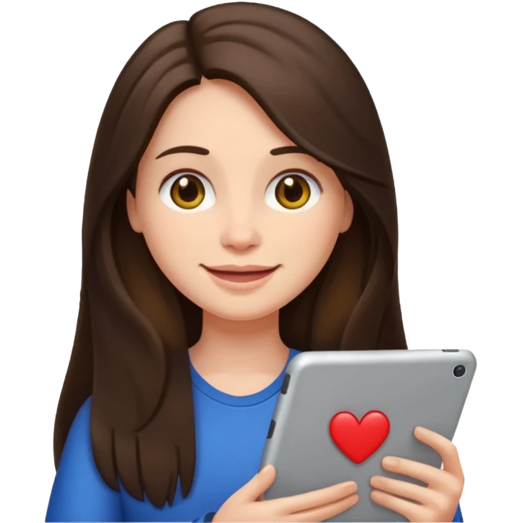bored brunette  with long hair holding iPad emoji emoji